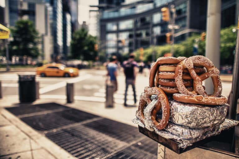 Hot,Dog,And,Pretzels,On,A,Vendor's,Stand,Near,Columbus