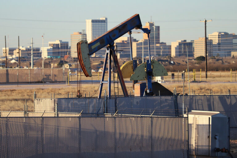 Midland,,Texas,-,January,27,,2019:,Pumpjack,With,Downtown,Midland