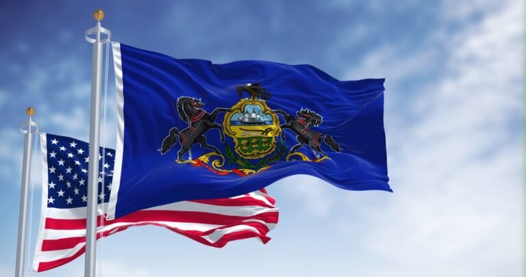 The,Pennsylvania,State,Flag,Waving,Along,With,The,National,Flag