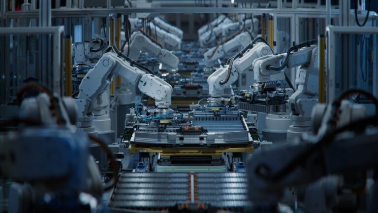 Row,Of,White,Robotic,Arms,At,Automated,Production,Line,At