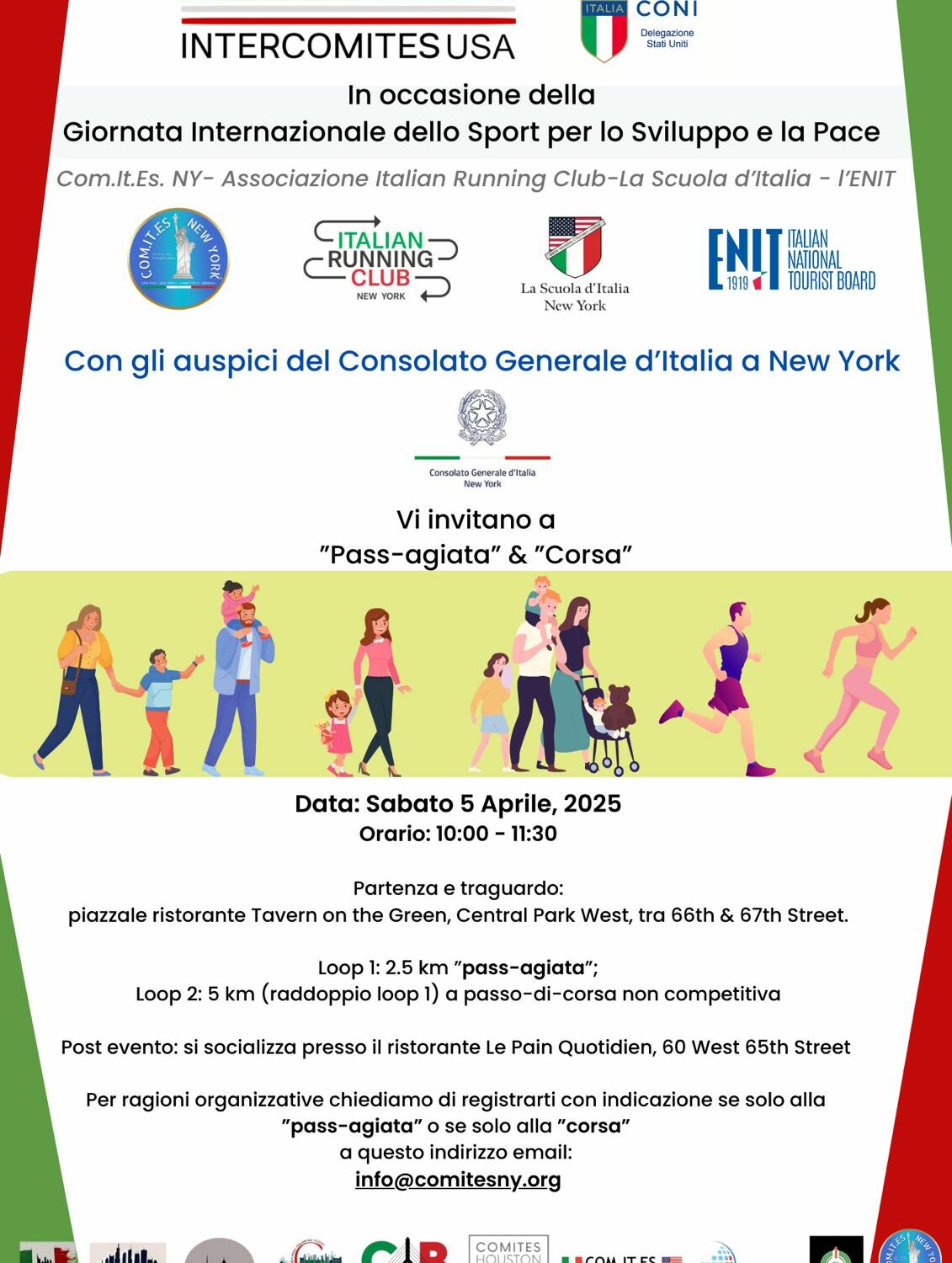 Locandina-invito della passeggiata e corsa a Central Park per celebrare la Giornata Internazionale dello Sport a New York