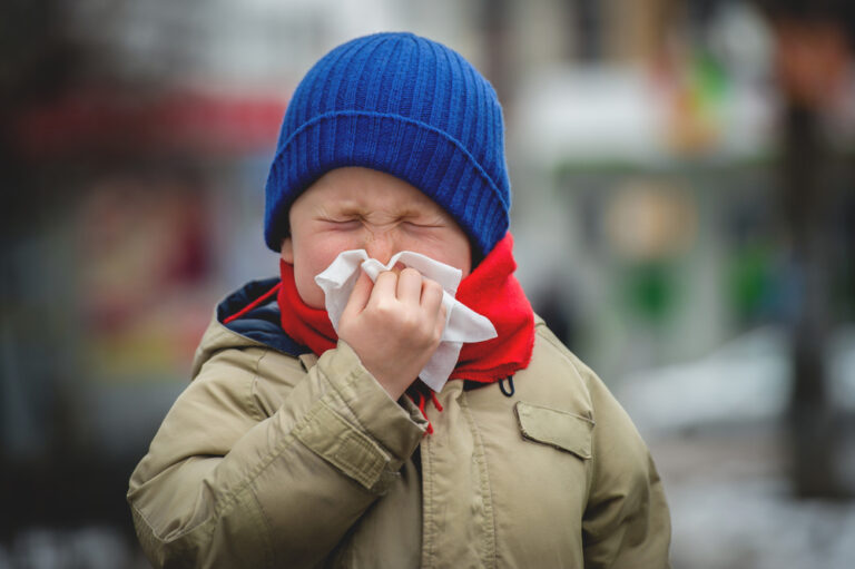Little,Child,Boy,In,Scarf,And,Hat,Blow,His,Nose