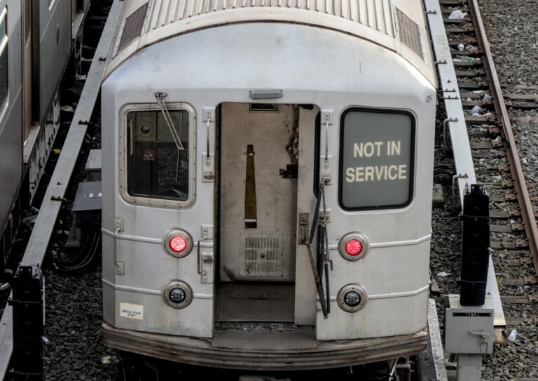 Not,In,Service,Sign,On,Subway,Train,At,Yard,In