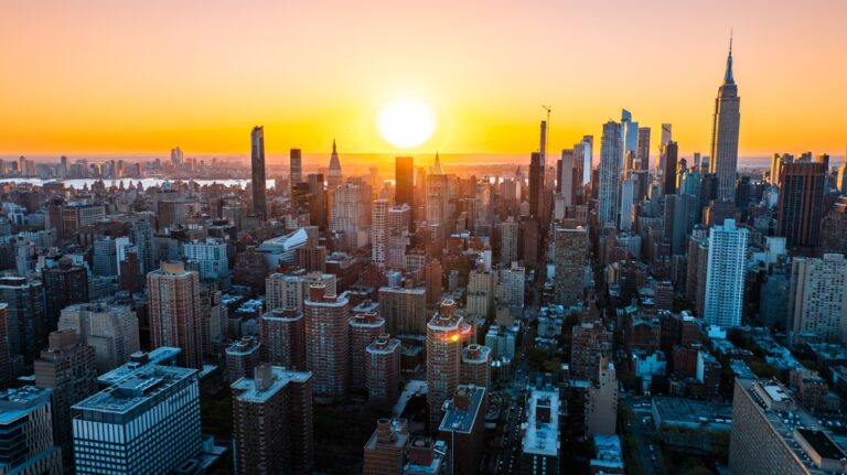 Orange,Light,Of,Setting,Sun,Illuminating,The,Skyscrapers,And,High-rise