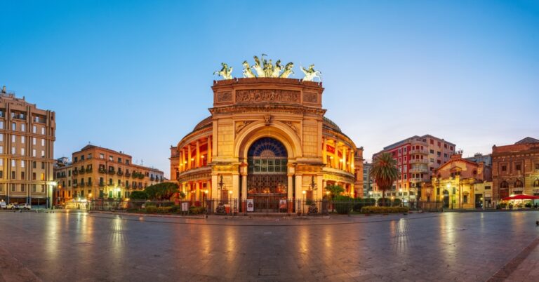 Palermo,,Sicily,,Italy,At,Teatro,Politeama,And,Square,At,Twilight