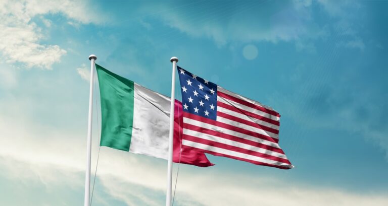 Italy,And,America,Friendship,Flags,Are,Waving,In,The,Sky