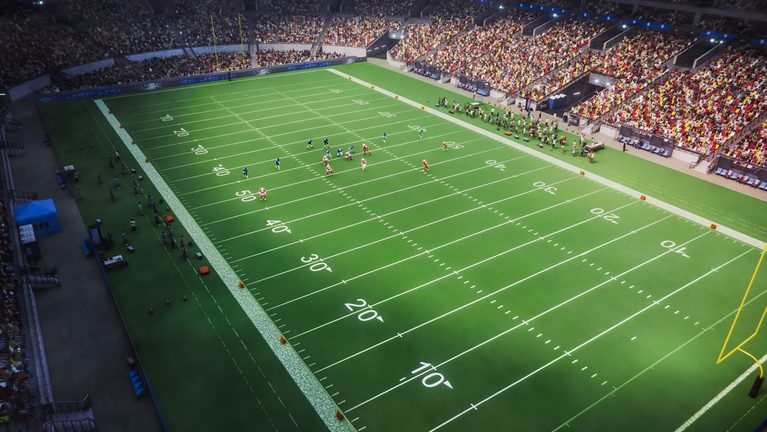 Aerial,Shot,Of,Red,And,Blue,American,Football,Teams,Strategically